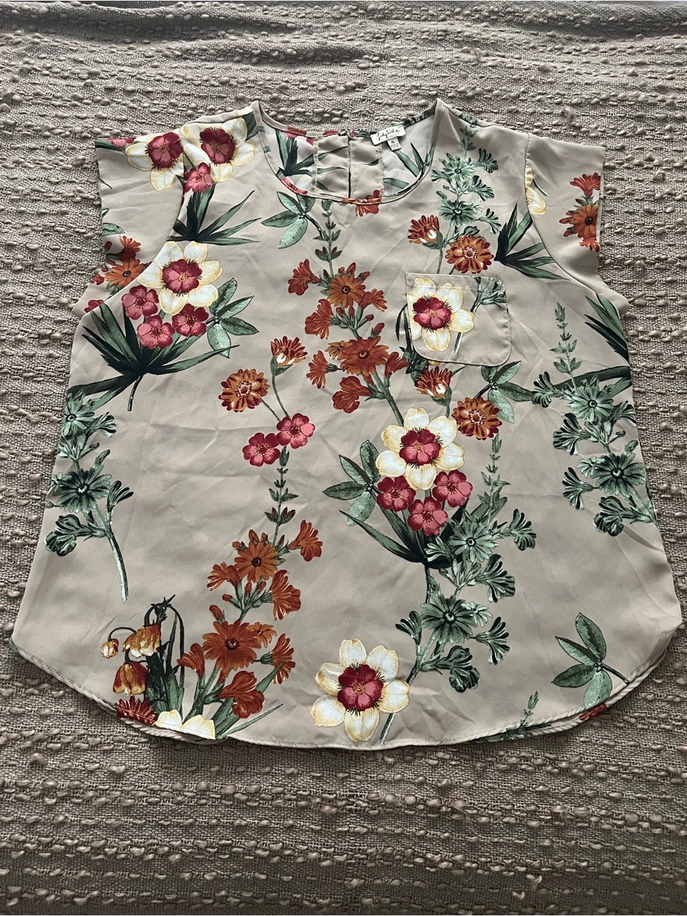 Floral Cap Sleeve Blouse in Beige with Multi-Color Bloom